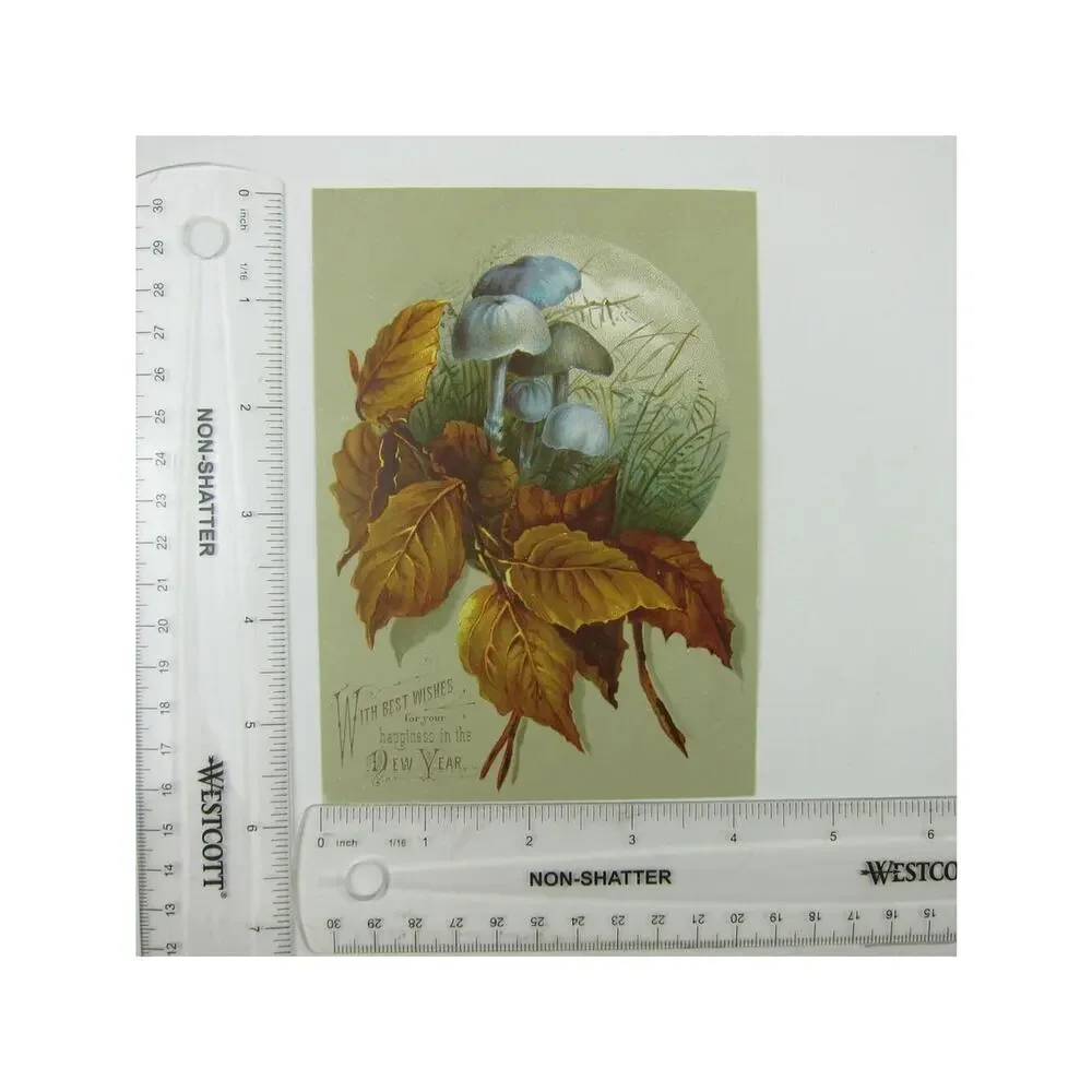 Victorian Greeting Card New Years Blue Mushrooms & Winter Leaves Grass Antique